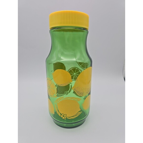 Vintage Anchor Hocking  Lemonade Jar Green Glass Painted Lemons  Screw On Lid - Picture 4 of 12